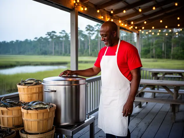 A crab-house owner lifting the lid of a new steel steaming pot beside bushel baskets of blue crabs on a creekside deck.