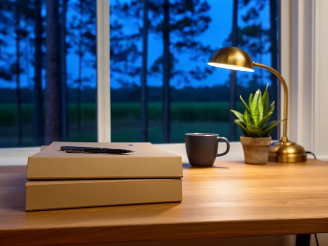 A neat stack of closed manila folders and a pen on a desk by a window.