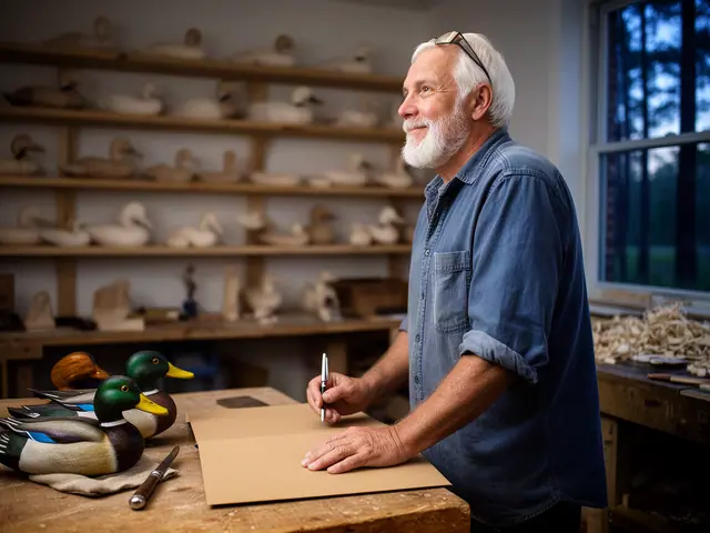 A decoy carver at his workbench with three painted wooden duck decoys and a closed folder.